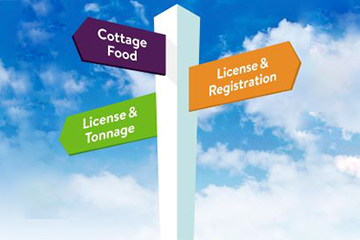 Sign post with purple Cottage Food sign, orange License & Registration sign, and green License & Tonnage sign.